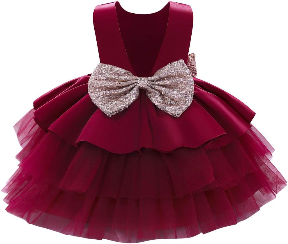 Toddler Baby Flower Girls Sequins Bowknot Tutu Dress Princess Pageant Wedding Birthday Party Backless Puffy Tulle Gown